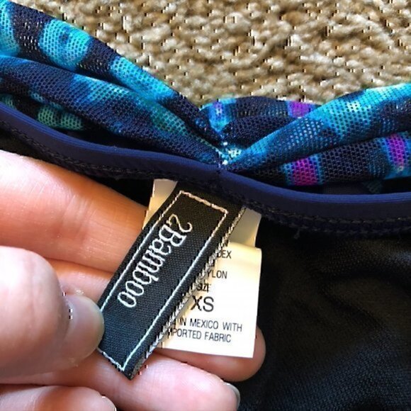 NEW NWT 2BAMBOO Navy Blue Green White Geometric Mesh Waist Boho Bikini Bottom XS - Picture 4 of 6